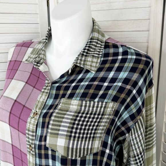 Cato Patchwork Multi Plaid Button Up Shirt XL Rayon Long Sleeve - Picture 5 of 12